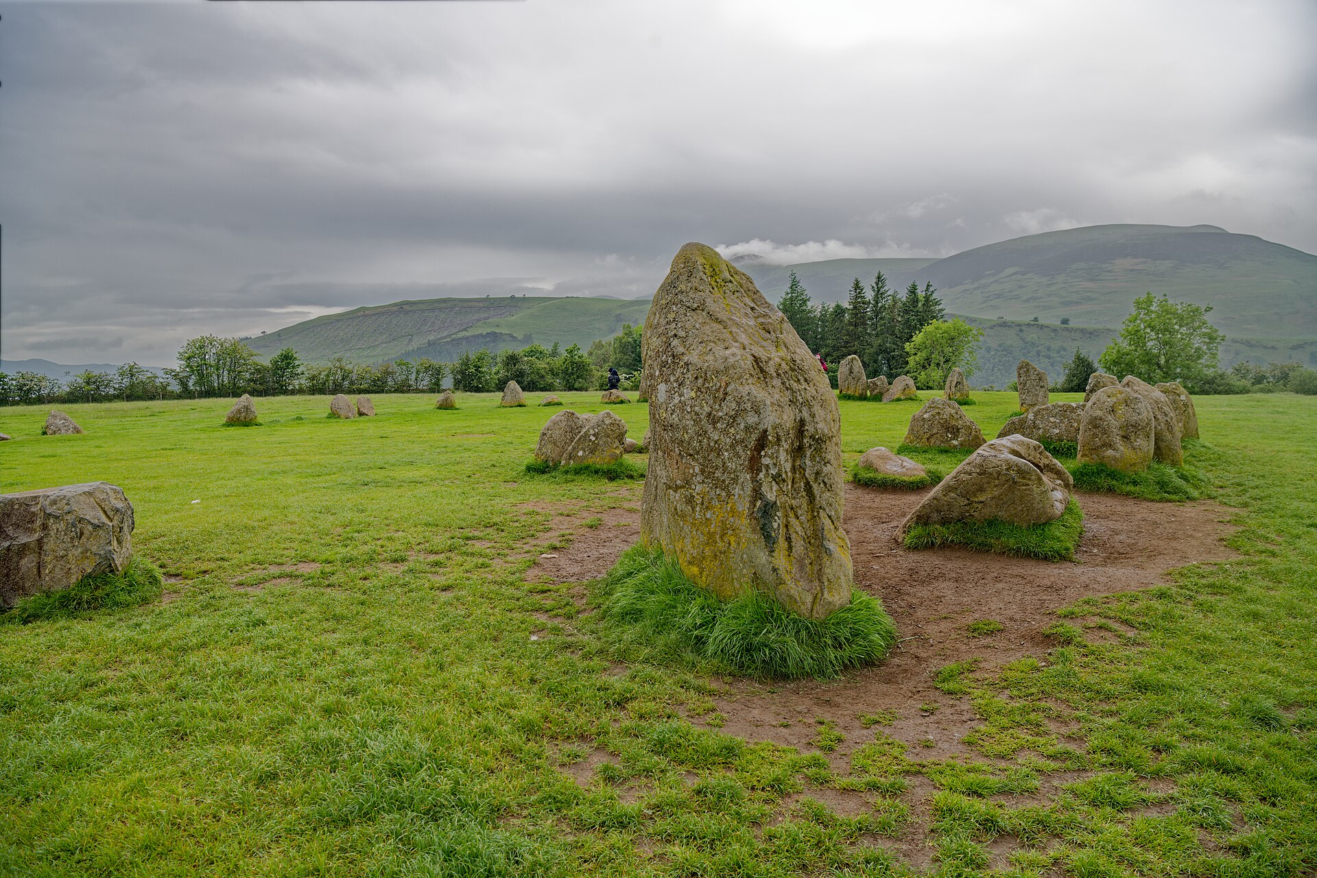 Standing stones ringing a green field at Castlerigg under a grey sky, with the Cumbrian fells behind